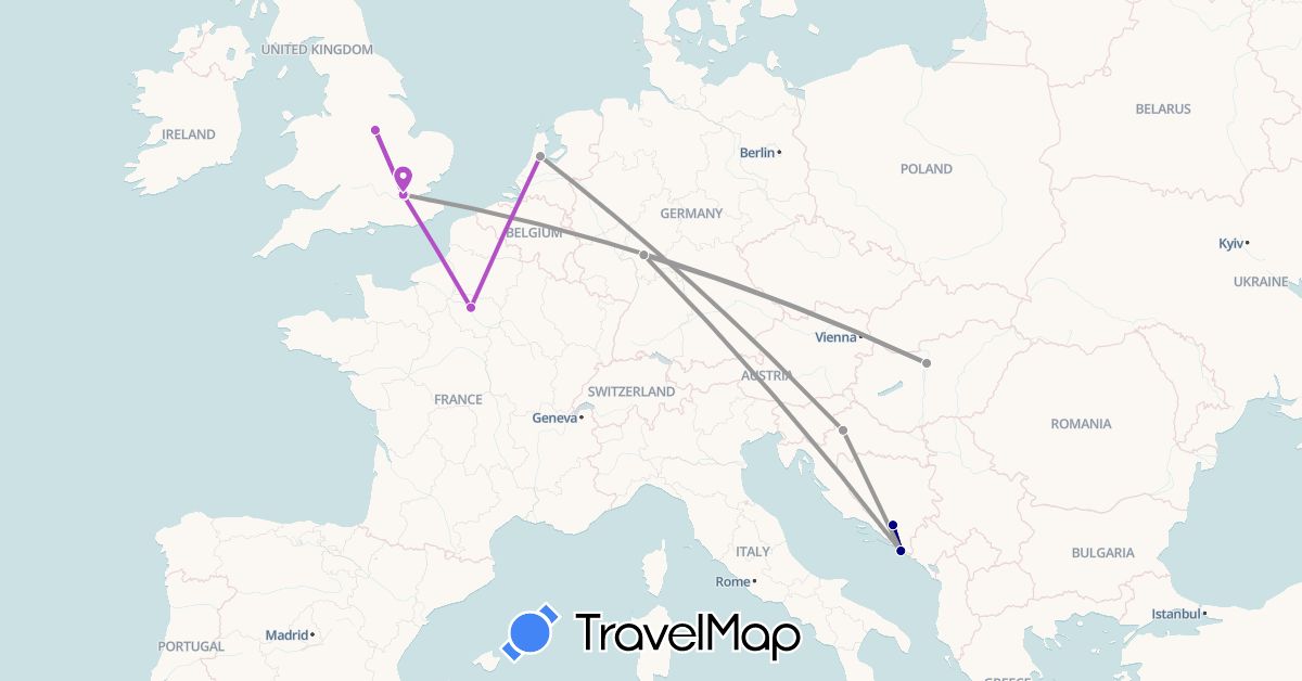 TravelMap itinerary: driving, plane, train in Bosnia and Herzegovina, Germany, France, United Kingdom, Croatia, Hungary, Netherlands (Europe)